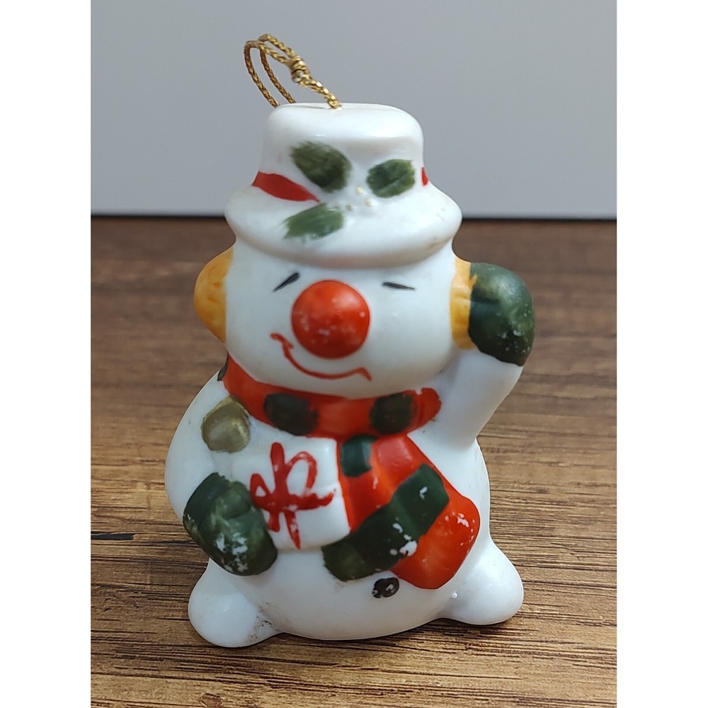 Vintage Snowman Ceramic Christmas Ornament Bell Scarf Mittens Hat Holly A3